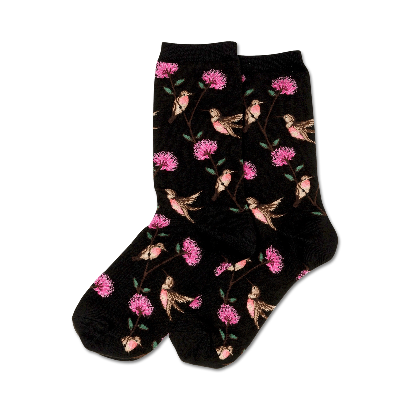 Pair of black crew socks with a whimsical pattern of pink flowers and hummingbirds.