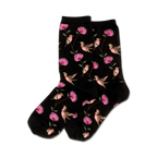 Pair of black crew socks with a whimsical pattern of pink flowers and hummingbirds.