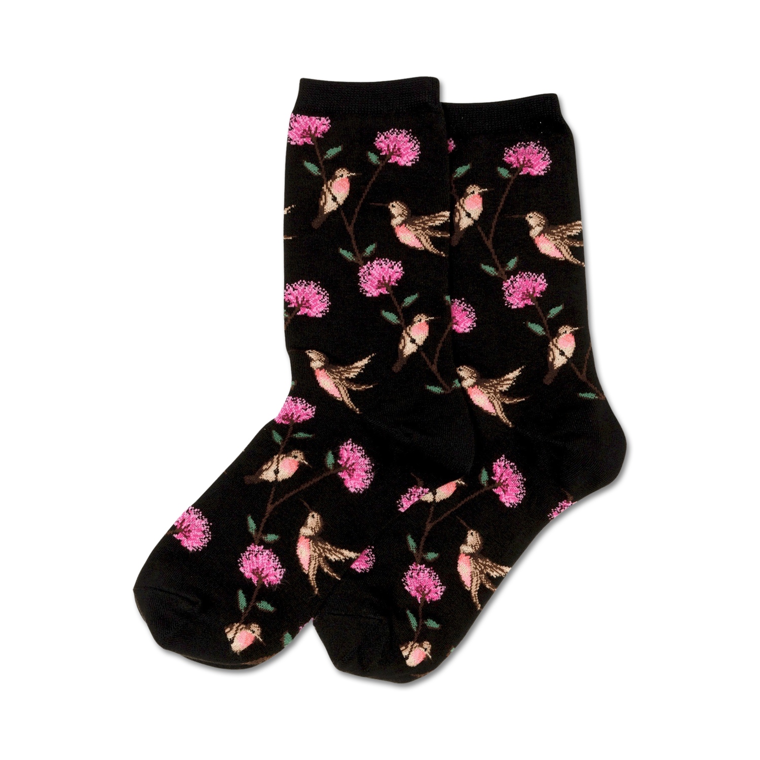 Pair of black crew socks with a whimsical pattern of pink flowers and hummingbirds.