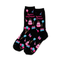 Pair of black crew socks with a fun 'Happy Birthday' theme.  Features pink, blue, and white pixelated cakes, balloons, and presents.