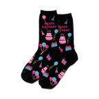 Pair of black crew socks with a fun 'Happy Birthday' theme.  Features pink, blue, and white pixelated cakes, balloons, and presents.