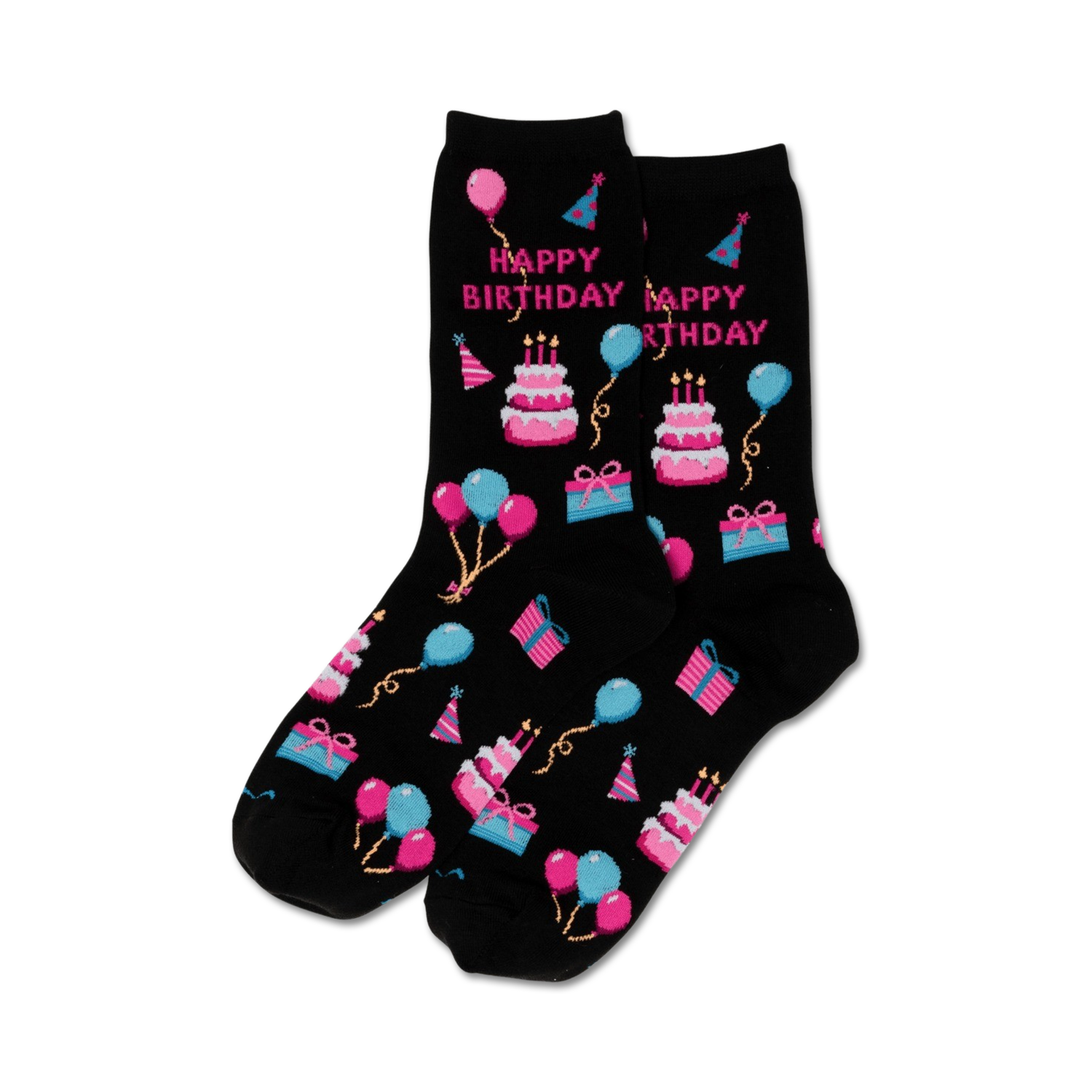 Pair of black crew socks with a fun 'Happy Birthday' theme.  Features pink, blue, and white pixelated cakes, balloons, and presents.