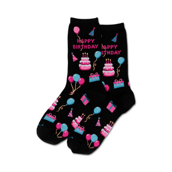 black crew socks for women featuring colorful birthday-themed objects like balloons, presents, party hats, and cakes.   
