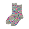 Pair of grey crew socks with a 'Happy Birthday' design. Features purple, pink, and blue pixelated cakes, balloons, and gifts.