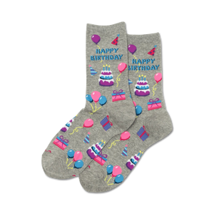 gray happy birthday socks for women with cake, gifts, hats, balloons. crew length   