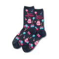Pair of dark grey crew socks showcasing a 'Happy Birthday' theme. Pink, blue, and white pixelated cakes, balloons, and presents decorate the socks.