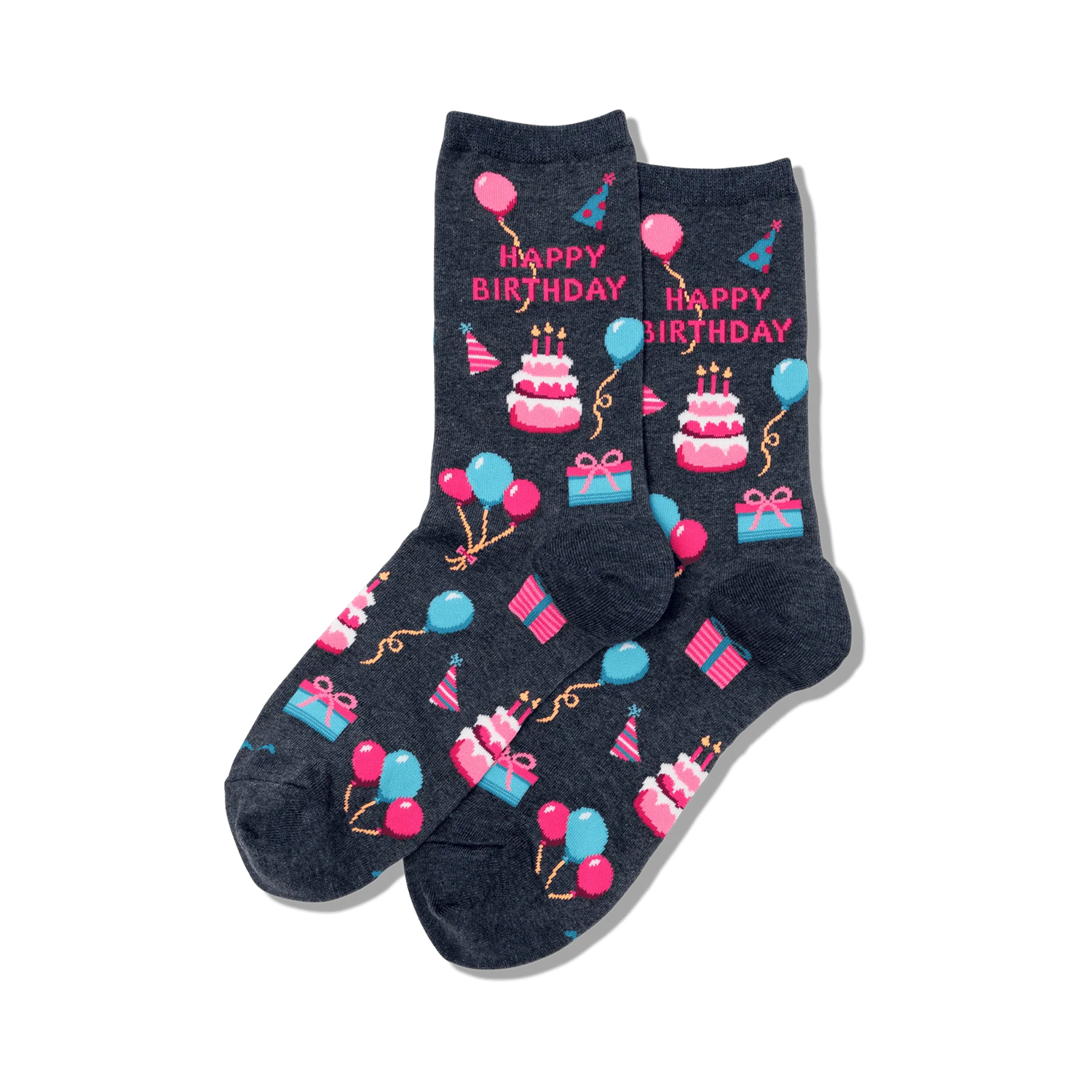 Pair of dark grey crew socks showcasing a 'Happy Birthday' theme. Pink, blue, and white pixelated cakes, balloons, and presents decorate the socks.