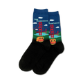 Pair of black crew socks with a colorful Golden Gate Bridge and San Francisco cable car design.  Features blue sky, red bridge, and yellow cable car.