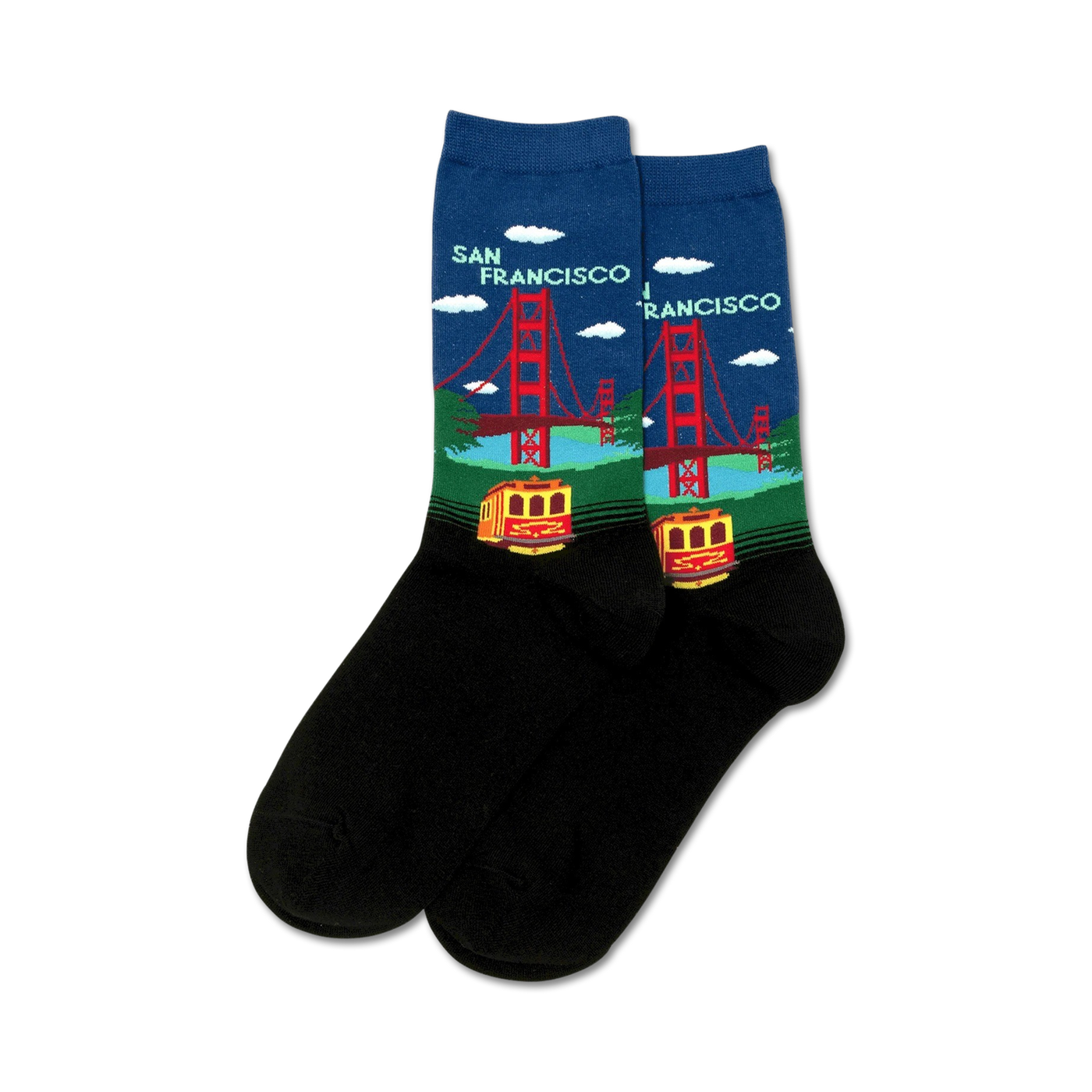 Pair of black crew socks with a colorful Golden Gate Bridge and San Francisco cable car design.  Features blue sky, red bridge, and yellow cable car.