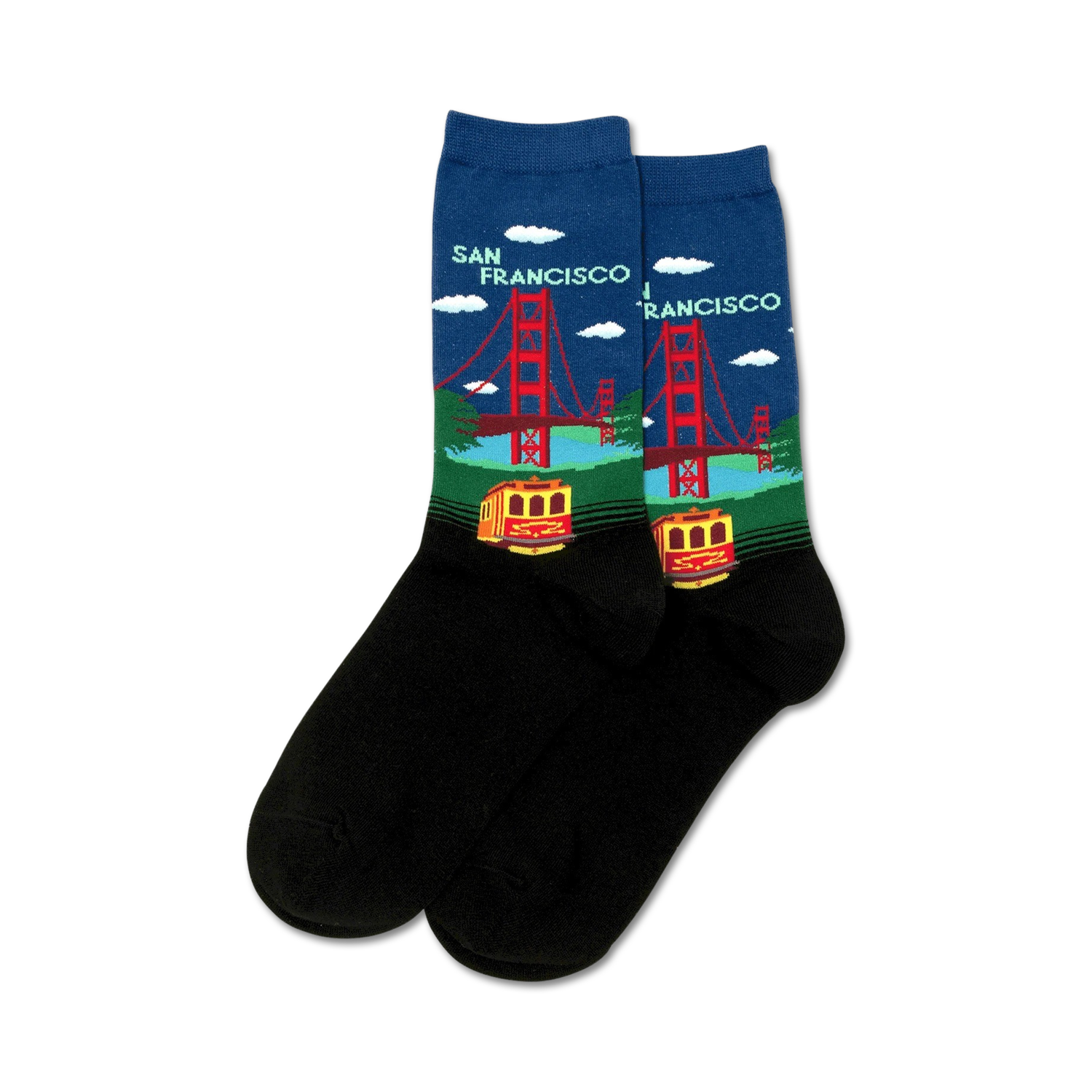 Pair of black crew socks with a colorful Golden Gate Bridge and San Francisco cable car design.  Features blue sky, red bridge, and yellow cable car.