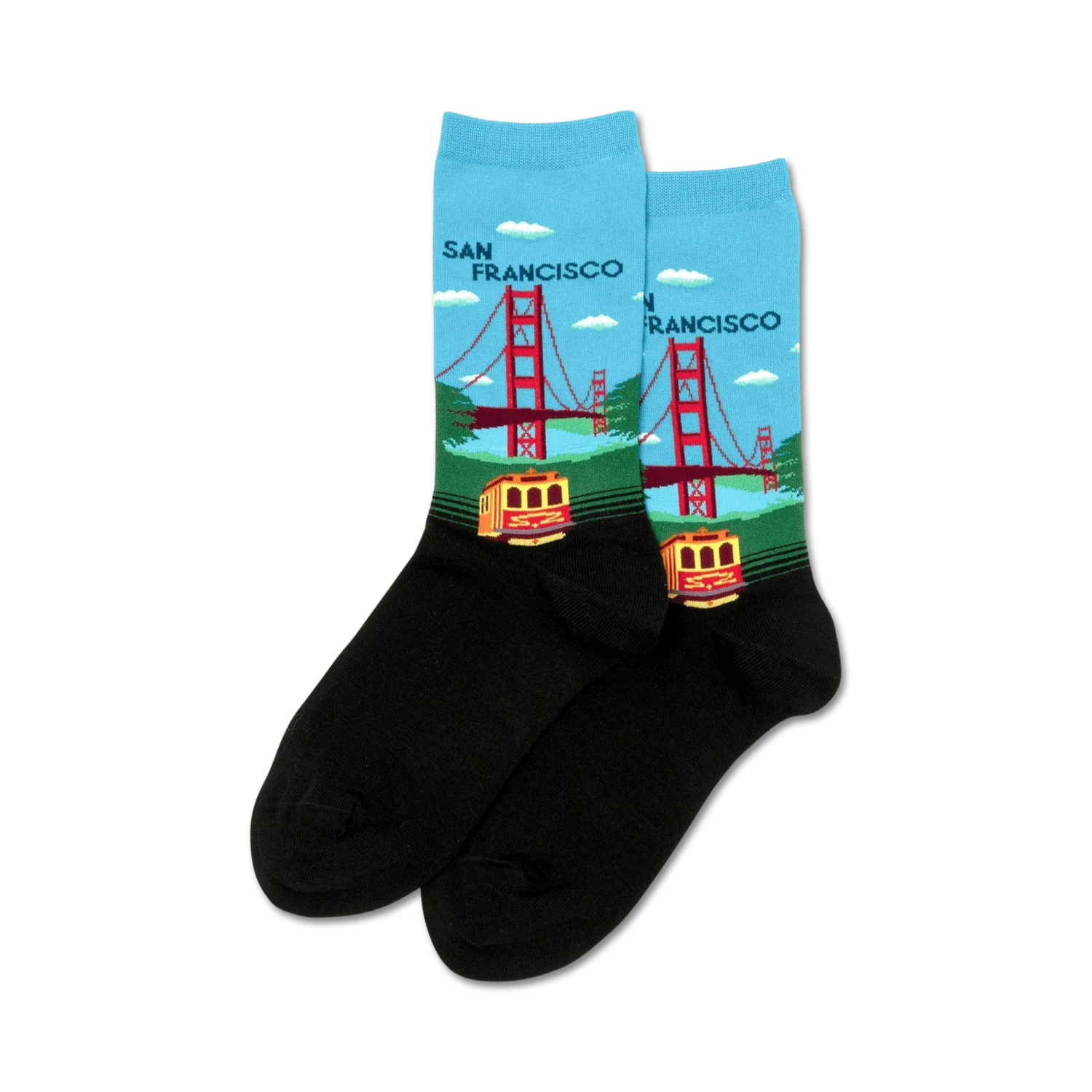 Close-up product shot showcasing the detail of the Golden Gate Bridge and cable car design on the socks.