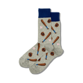 A pair of grey crew socks with a fun baseball theme.  The socks feature brown baseball bats, balls, and gloves on a light grey background, with navy blue cuffs.