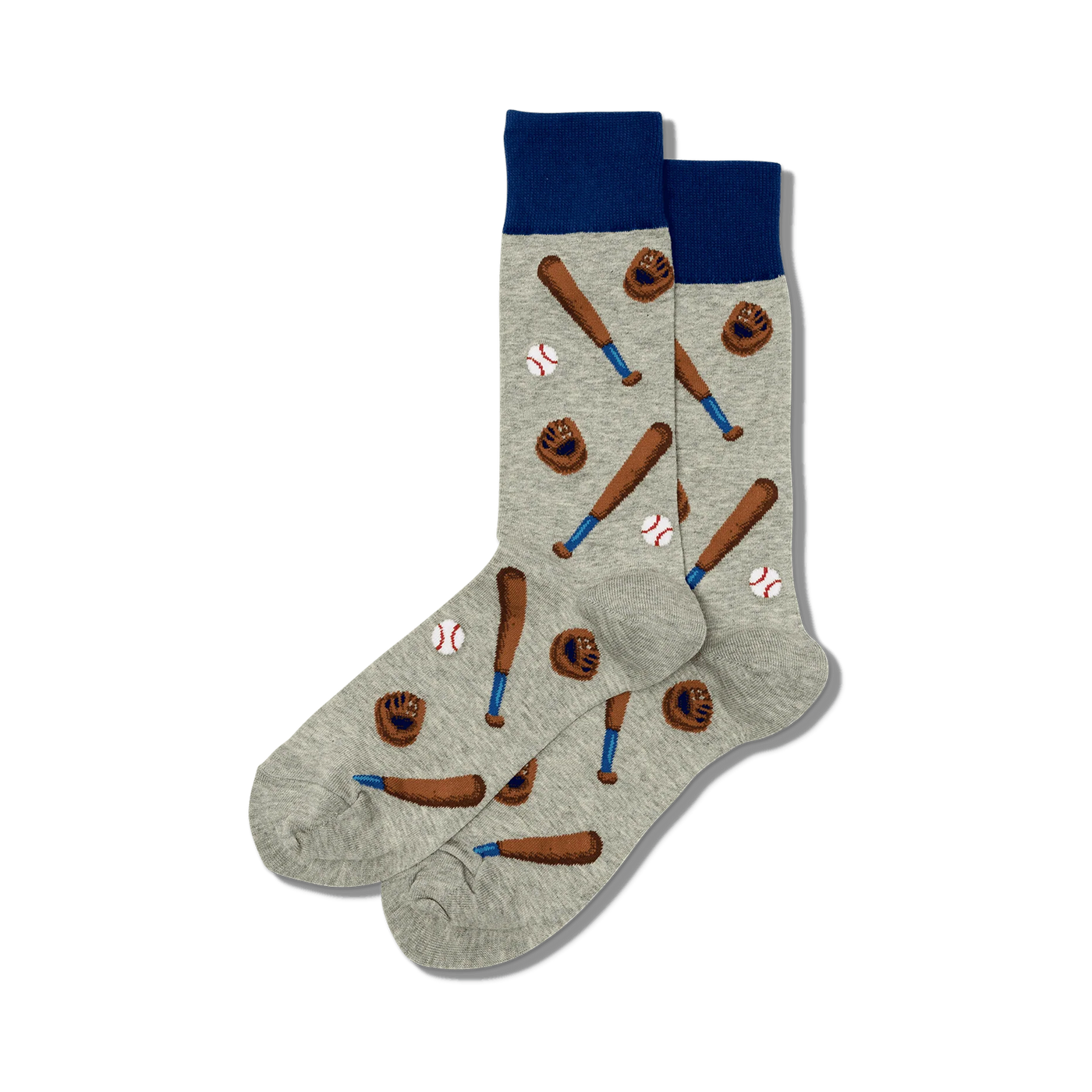 A pair of grey crew socks with a fun baseball theme.  The socks feature brown baseball bats, balls, and gloves on a light grey background, with navy blue cuffs.
