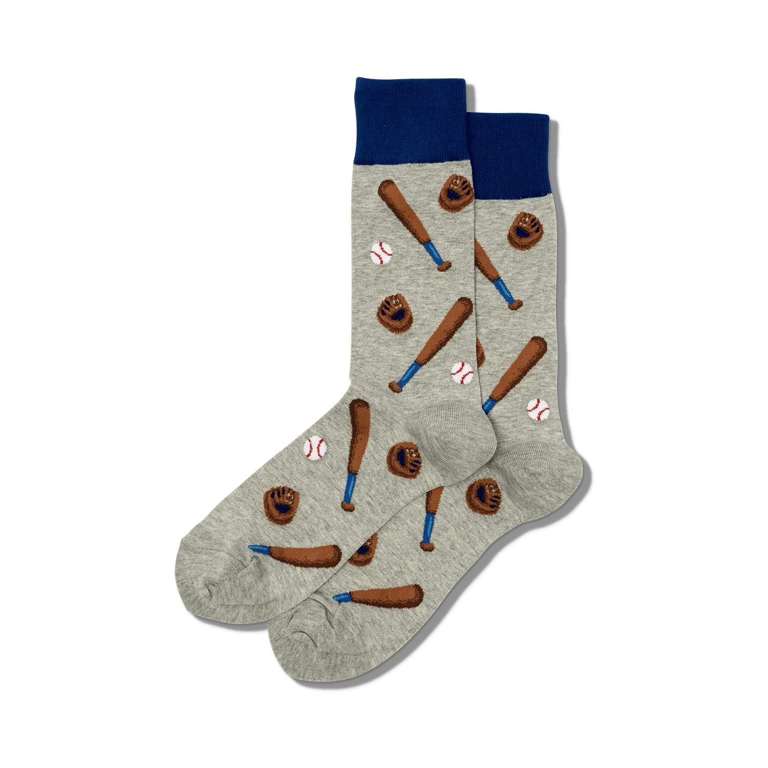 A pair of grey crew socks with a fun baseball theme.  The socks feature brown baseball bats, balls, and gloves on a light grey background, with navy blue cuffs.