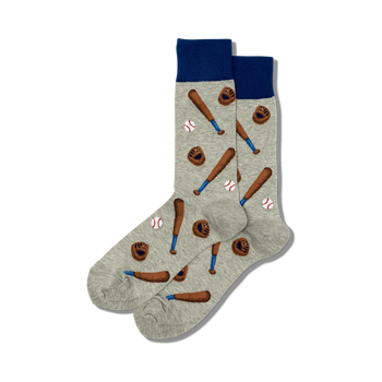 gray crew socks with baseball bat and catcher's mitt pattern for men.  