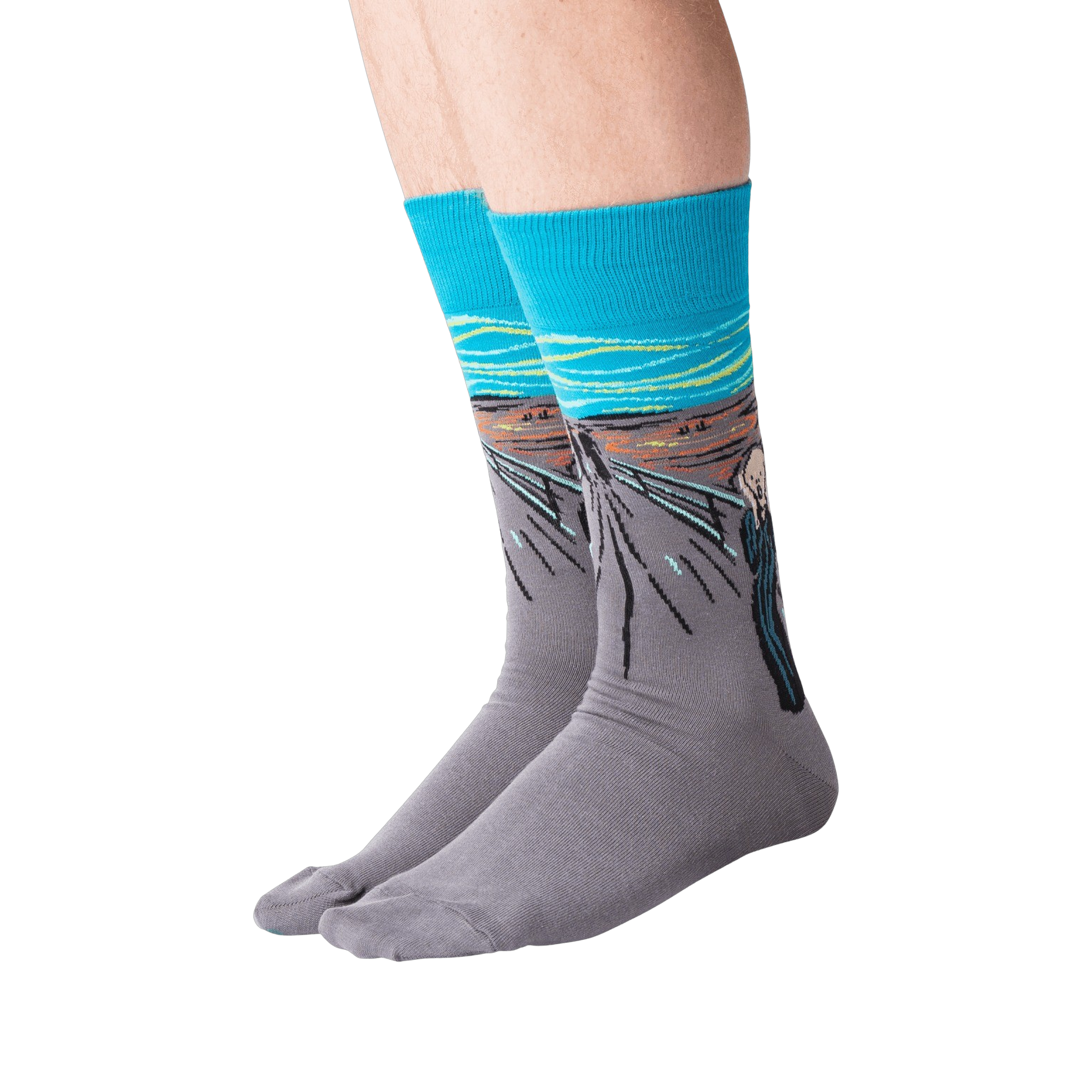 Flat lay of 'The Scream' socks in orange and teal showing full design.