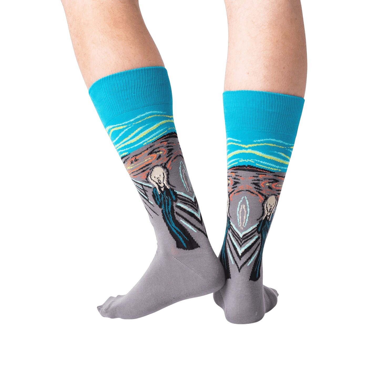 Close-up detail of the 'The Scream' artwork on the socks.