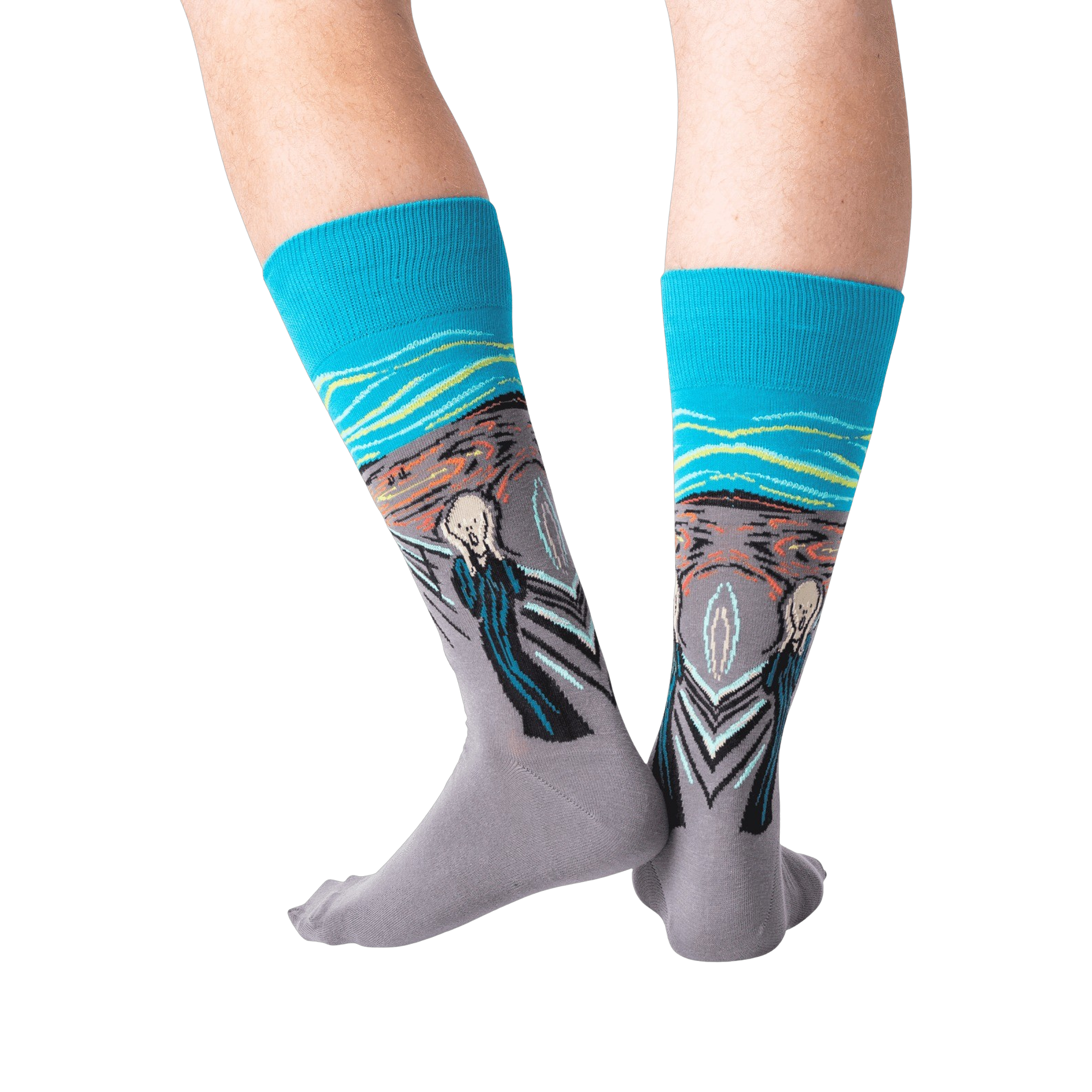 Close-up detail of the 'The Scream' artwork on the socks.