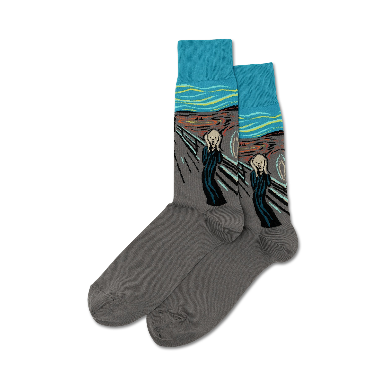 Lifestyle shot of model wearing teal 'The Scream' socks.