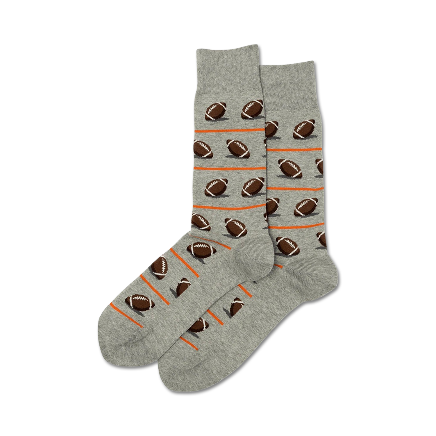 A pair of gray crew socks with a pattern of brown footballs and orange stripes.