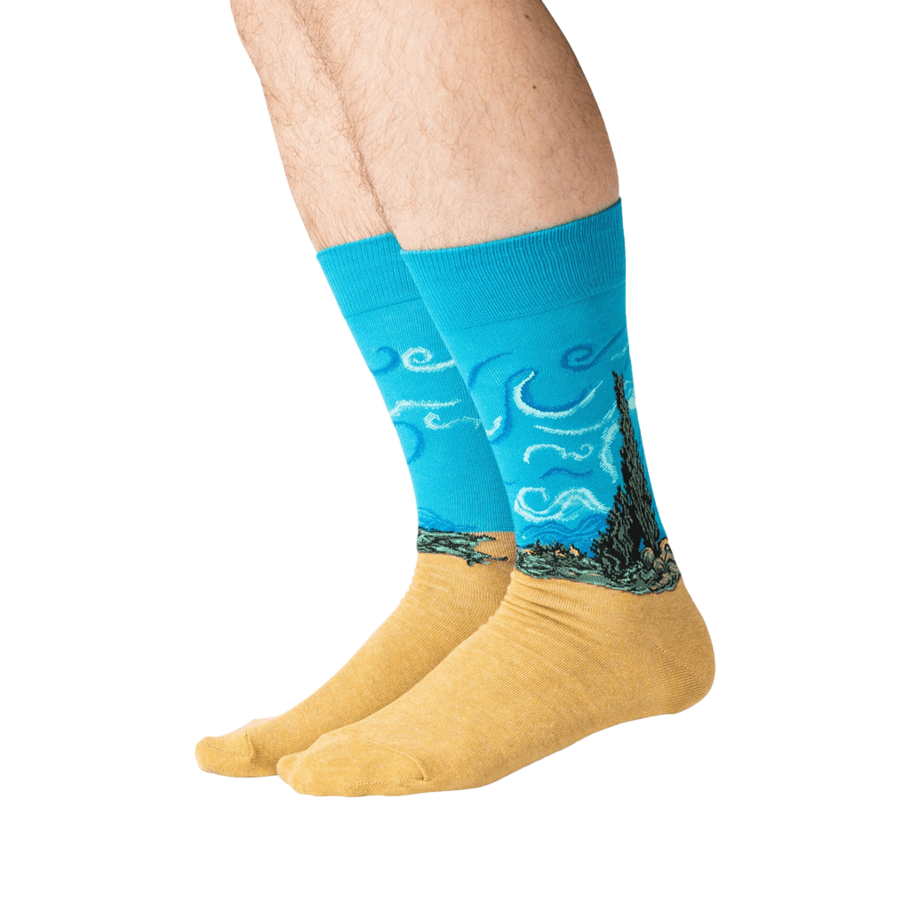 Lifestyle shot: A person's legs wearing the Van Gogh's Wheat Field with Cypress socks.