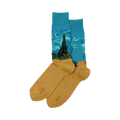 Pair of crew socks. Teal blue upper section features Van Gogh's Wheat Field with Cypress painting. Mustard yellow lower section. 