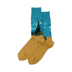 Pair of crew socks. Teal blue upper section features Van Gogh's Wheat Field with Cypress painting. Mustard yellow lower section. 