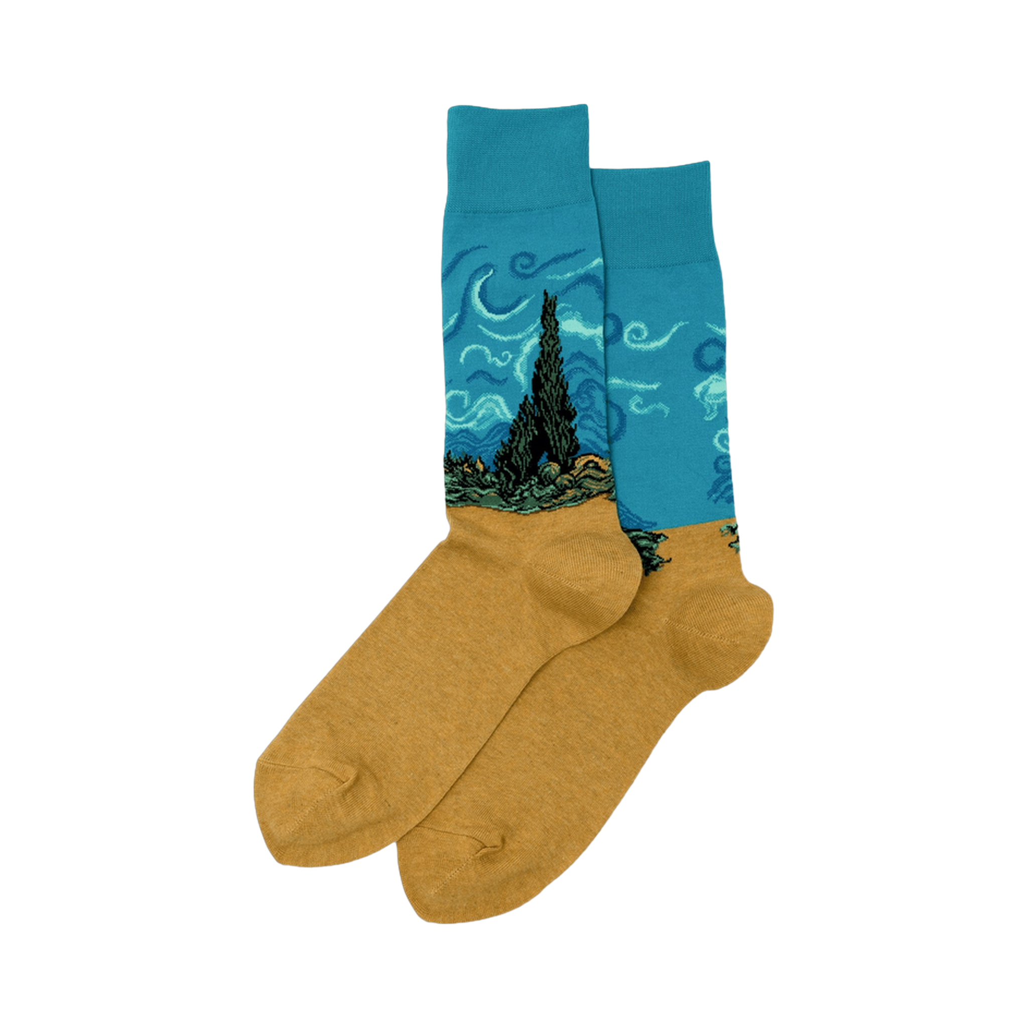 Pair of crew socks. Teal blue upper section features Van Gogh's Wheat Field with Cypress painting. Mustard yellow lower section. 