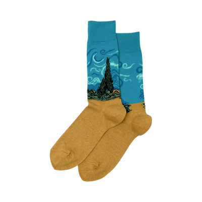 Pair of crew socks. Teal blue upper section features Van Gogh's Wheat Field with Cypress painting. Mustard yellow lower section. 
