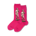 Pair of crew socks in bright pink, each showcasing a pixelated image of Michelangelo's David statue.