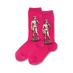 Pair of crew socks in bright pink, each showcasing a pixelated image of Michelangelo's David statue.