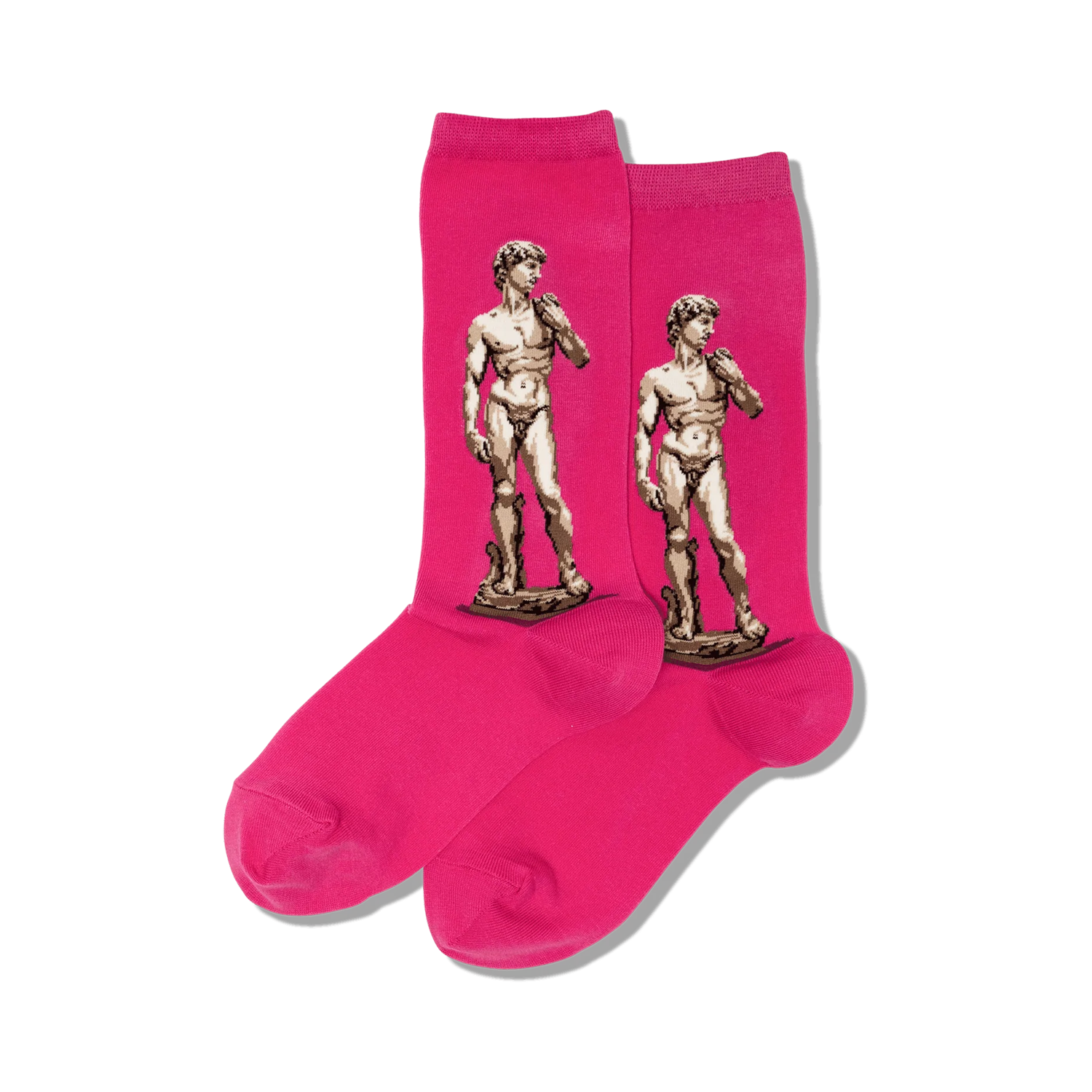 Pair of crew socks in bright pink, each showcasing a pixelated image of Michelangelo's David statue.