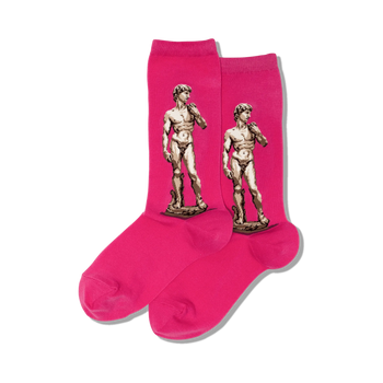 pink crew socks for women featuring a colorful pattern of michelangelo's david statue.   