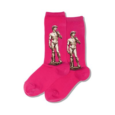 pink crew socks for women featuring a colorful pattern of michelangelo's david statue.   