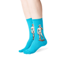 Close-up flat lay of teal crew socks featuring Michelangelo's David. 