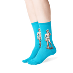 Close-up flat lay of teal crew socks featuring Michelangelo's David. 