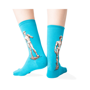 Back view of teal crew socks on a model's legs, highlighting the David image on each sock.