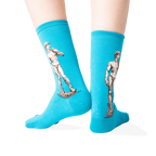 Back view of teal crew socks on a model's legs, highlighting the David image on each sock.