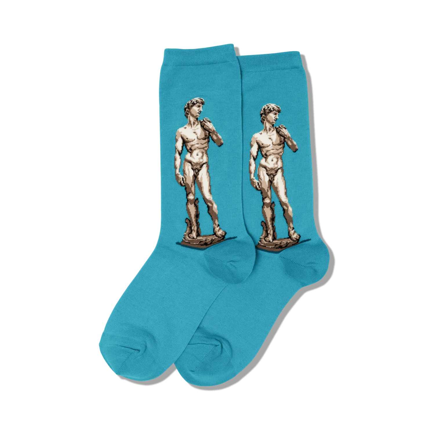 Pair of teal crew socks with Michelangelo's David image, shown on a model's legs.