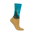 Crew socks showcasing Van Gogh's Wheat Field with Cypresses. Teal, green, gold, and brown colors depict the famous painting on a comfortable sock.