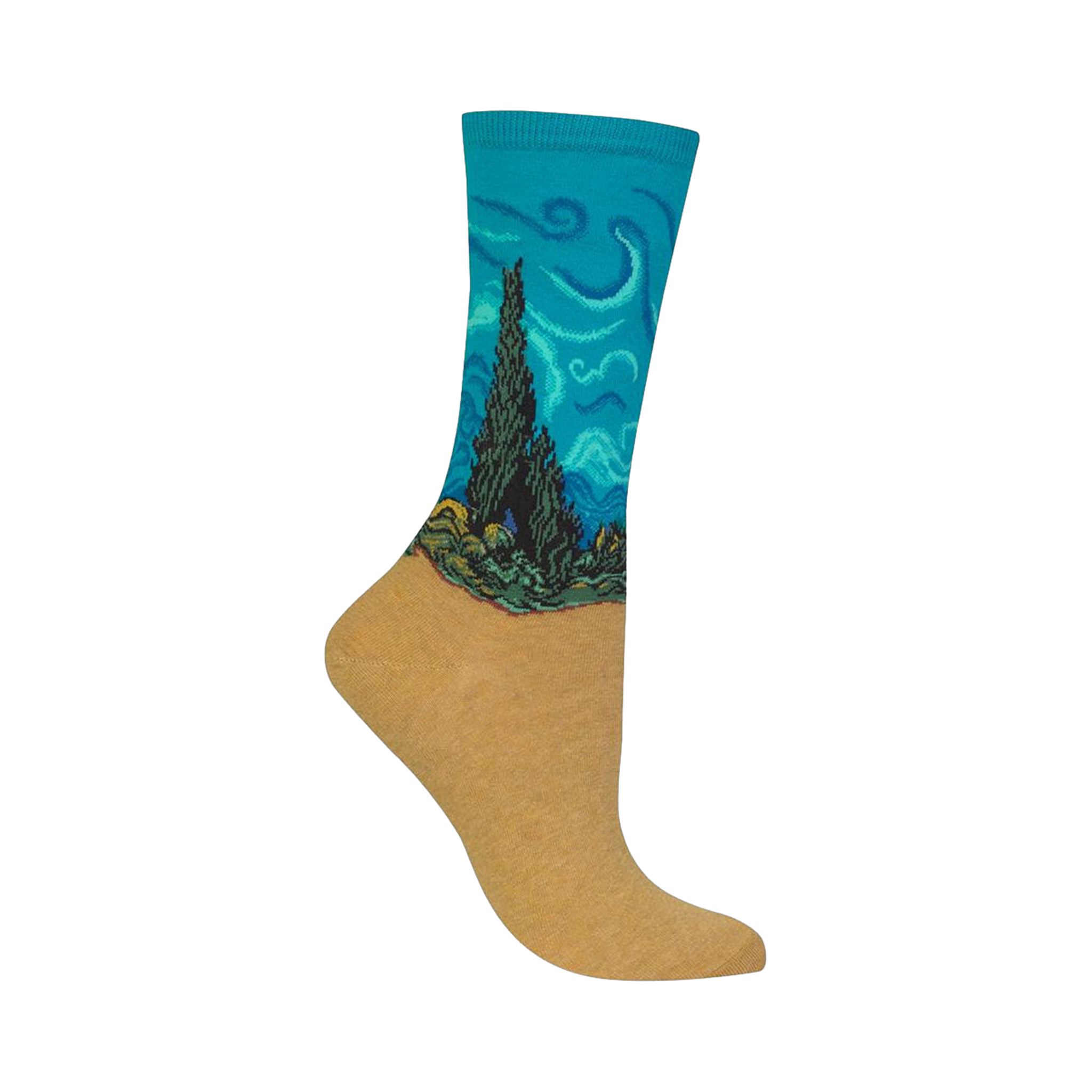 Crew socks showcasing Van Gogh's Wheat Field with Cypresses. Teal, green, gold, and brown colors depict the famous painting on a comfortable sock.