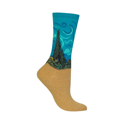 Crew socks showcasing Van Gogh's Wheat Field with Cypresses. Teal, green, gold, and brown colors depict the famous painting on a comfortable sock.