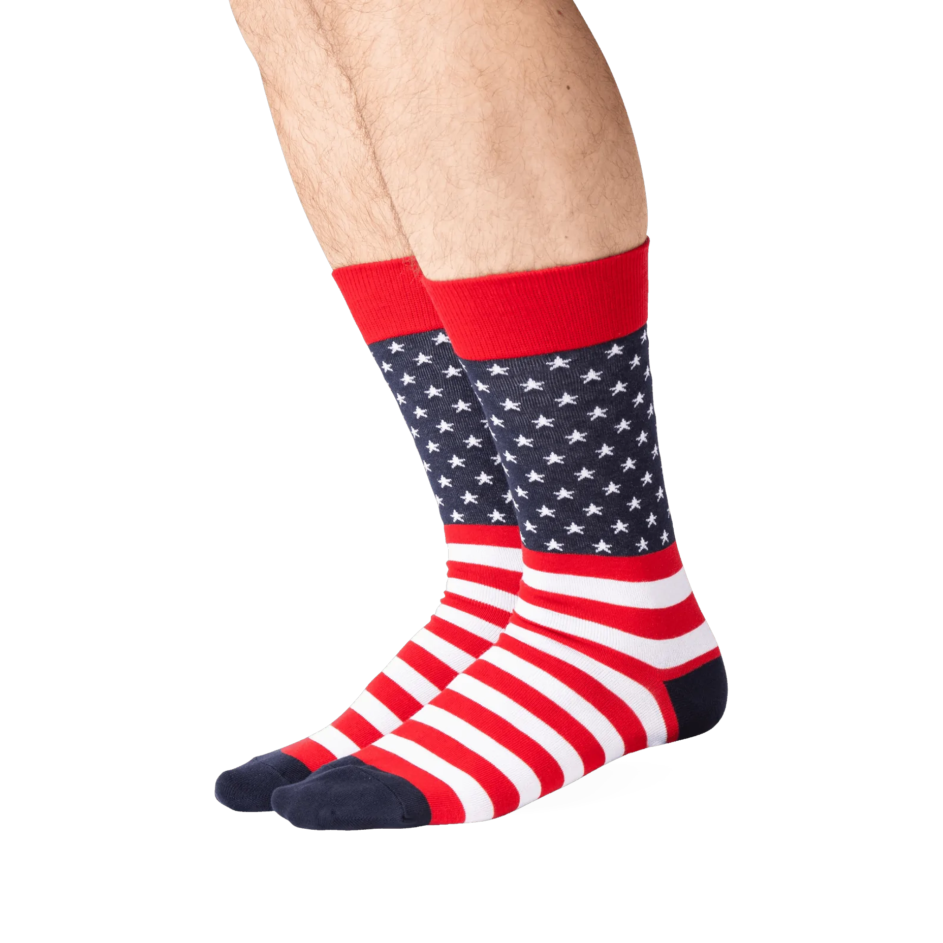 Lifestyle shot showing the American Flag socks on a person's legs. The socks are red, white and navy.
