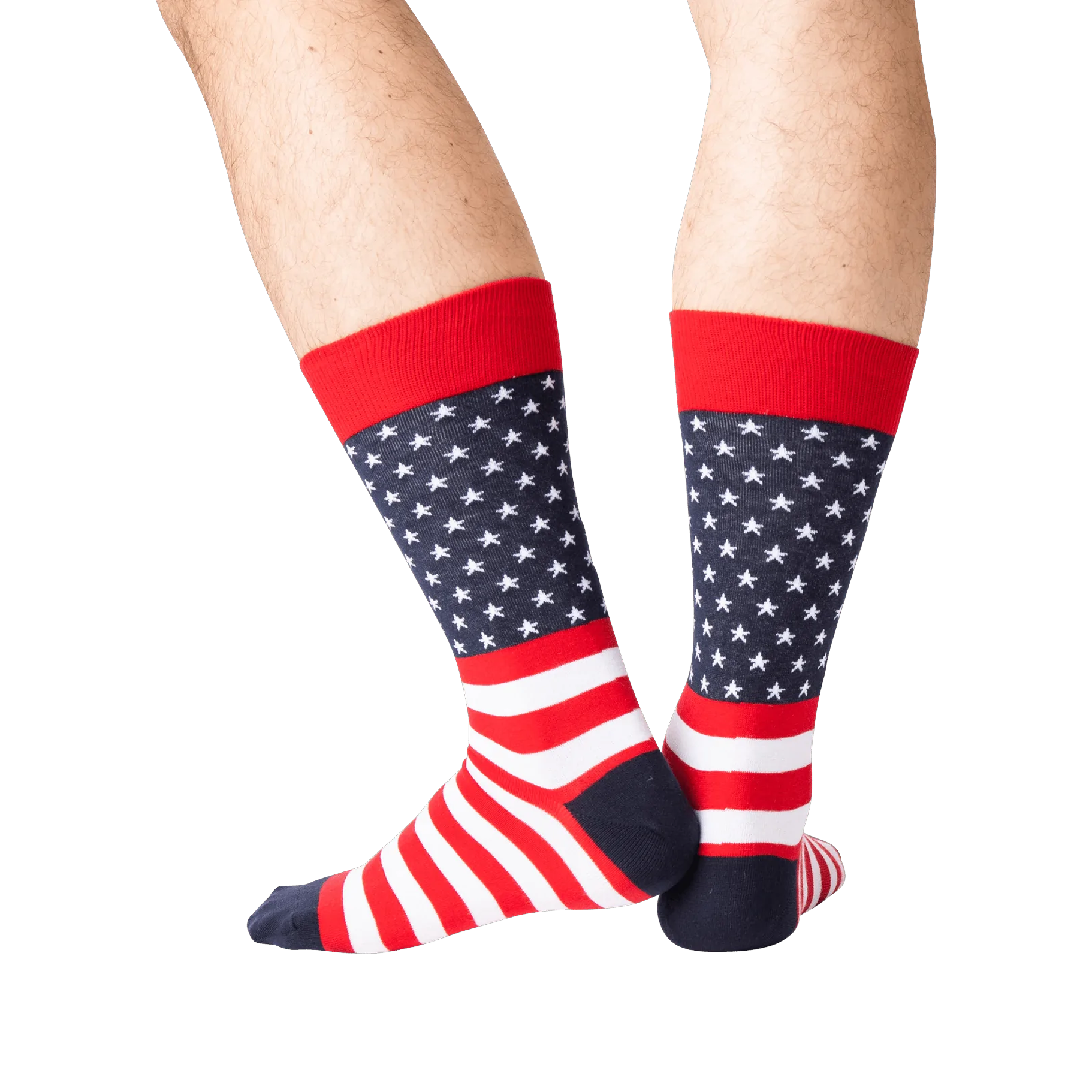Rear view of the American Flag socks on a person's legs against a green background. The socks are red, white, and navy.