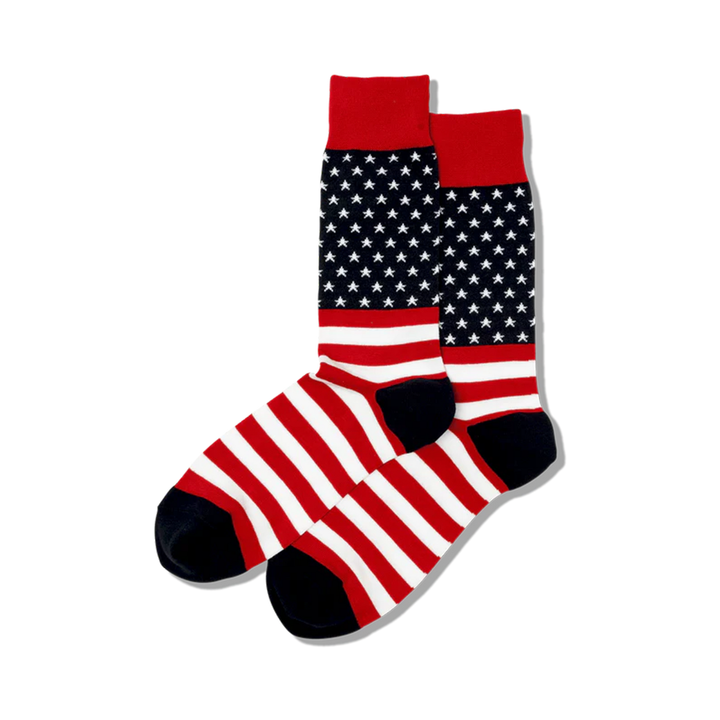 Pair of crew socks in red, white, and navy blue.  The socks feature a design replicating the American flag, with stars and stripes.