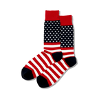 Pair of crew socks in red, white, and navy blue.  The socks feature a design replicating the American flag, with stars and stripes.