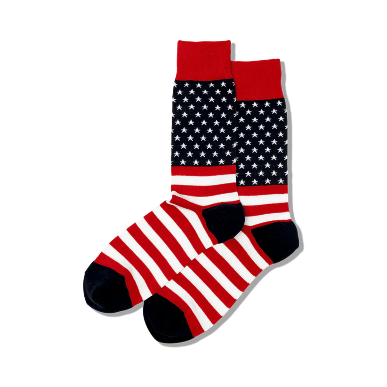 Pair of crew socks in red, white, and navy blue.  The socks feature a design replicating the American flag, with stars and stripes.