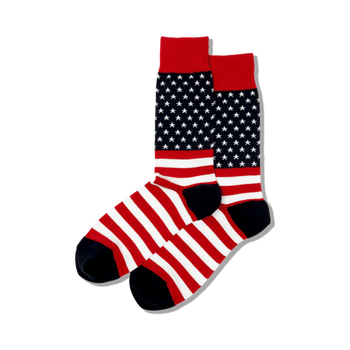  crew length socks in red, white, and blue with a pattern of stars and stripes.   