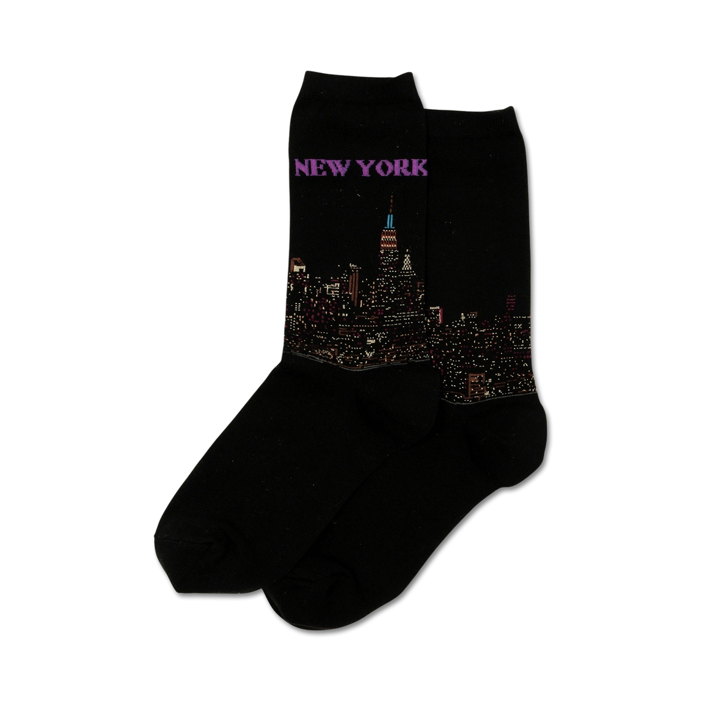Pair of black crew socks with a detailed New York City skyline at night image and 'NEW YORK' written above it in purple.