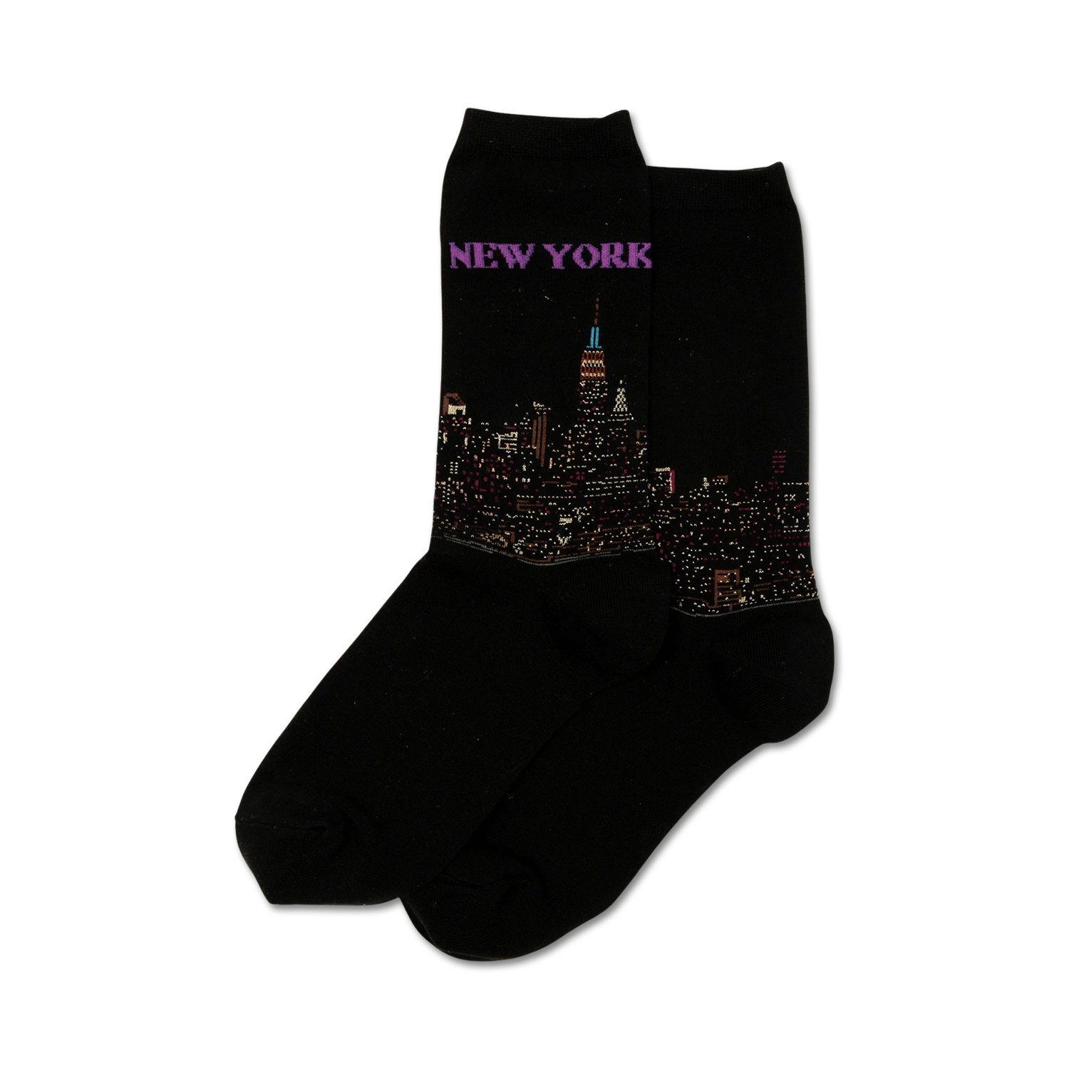Pair of black crew socks with a detailed New York City skyline at night image and 'NEW YORK' written above it in purple.